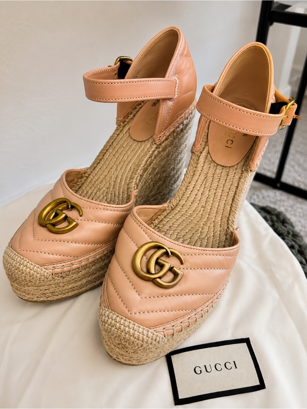 Gucci GG Marmont Quilted Espadrille Wedges with Gold GG - Picture 1 of 11